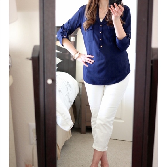 SKIES ARE BLUE Haldis Roll tab Blouse top Navy purple size Medium - Picture 6 of 6